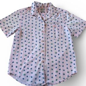 Cabin Creek Pink Blue Floral Button Front Blouse Short Sleeve Women’s Medium